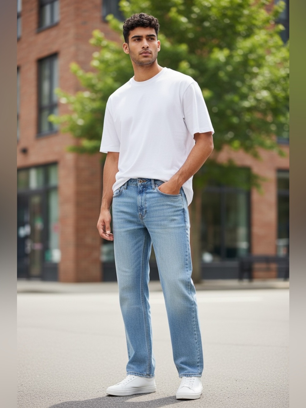 Goodfellow & Co Total Flex relaxed-fit light wash denim jeans in a men's size 36